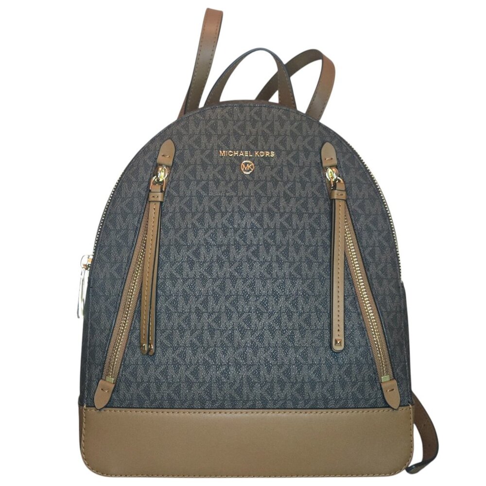 Michael Kors Brooklyn Medium Logo Backpack Purse Brown MK Monogram Leather